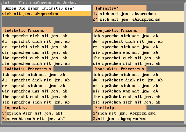 ursprüngliche Präsentation der Verbformen im alten DOS-Programm