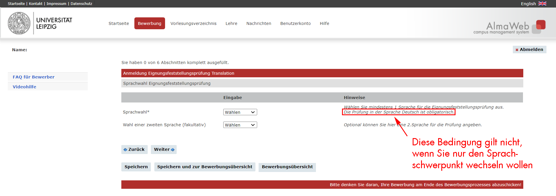 Screenshot von der Weboberfläche von AlmaWeb: Der dort hinterlegte Satz „Die Prüfung in der Sprache Deutsch ist obligatorisch“ gilt nicht für Schwerpunktwechsler