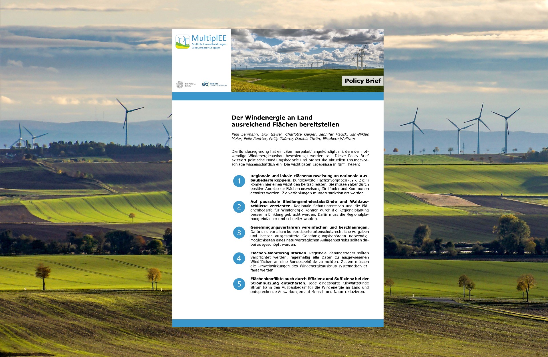 MultiplEE Politikempfehlungen: Der Windenergie an Land ausreichend Flächen bereitstellen